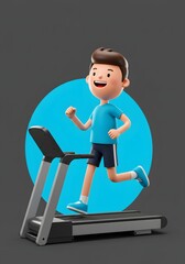 Happy Cartoon Boy Running on Treadmill for Fitness and Health