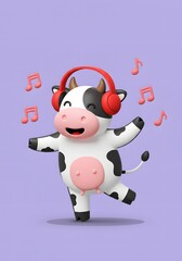 Happy Cartoon Cow Dancing and Listening to Music with Headphones