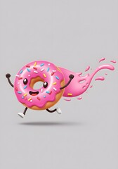 Happy Cartoon Donut Character Running with Pink Icing Splash