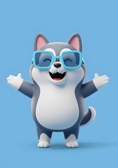 Happy Cartoon Husky Dog Wearing Blue Sunglasses, Waving Arms, Isolated on Blue Background