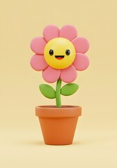 Happy Cartoon Flower in a Pot, Cute 3D Illustration for Children's Designs
