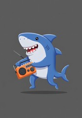 Happy Cartoon Shark Holding a Retro Orange Boombox