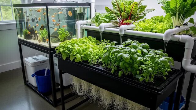 Medium shot of a modern aquaponic system showcasing a large fish tank connected to lush green plants highlighting efficient nutrient cycling between fish and vegetation.