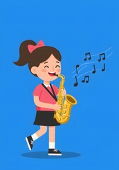 Happy Girl Playing Saxophone with Music Notes