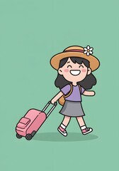 Happy Girl with Suitcase Going on Vacation - Cute Cartoon Illustration