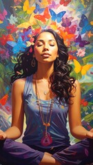 Serene Woman Meditating Amidst Colorful Butterflies