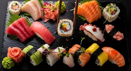 Sushi platter with chopsticks, and seafood.