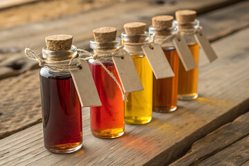 Small glass bottles filled with colorful liquids lined up on a rustic wooden surface