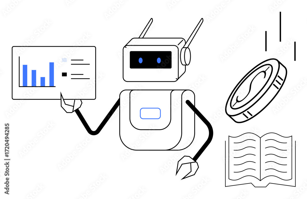 Aufkleber humanoid robot analyzing charts, interacting with digital currency and open book. ideal for technolo