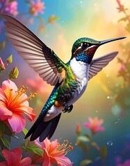 Beautiful Hummingbird in Flight Among Flowers.