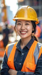 Smiling Female Construction Worker in Yellow Hard Hat and Safety Vest
