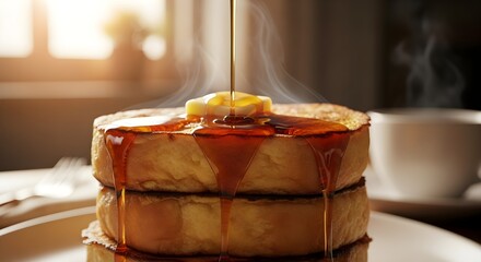 Syrup pouring on French toast.