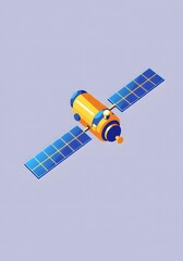 Fototapeta premium Isometric Satellite with Solar Panels in Orbit, Technology Concept