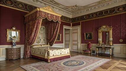 Ornate bedroom with four poster bed and gilded accents in palace room
