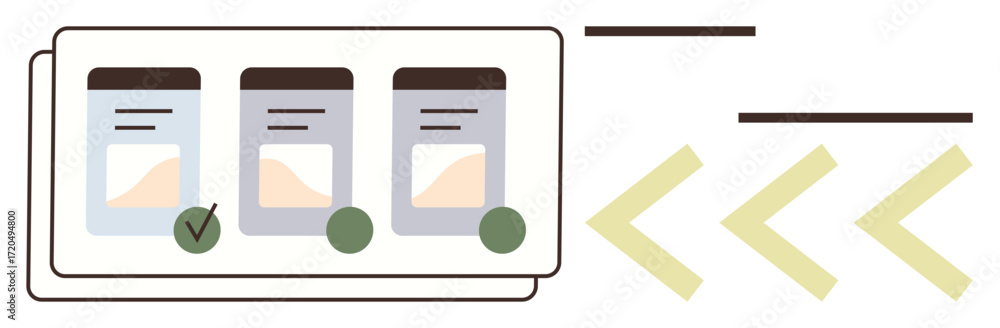 Poster cards aligned horizontally with checkmarks indicating selection, brown tabs on top, and yellow arrow