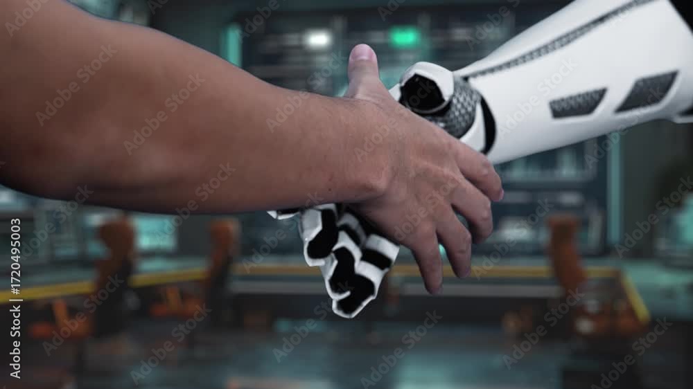 Poster futuristic ai chatbot interface with robot hand and digital elements in modern office environment at