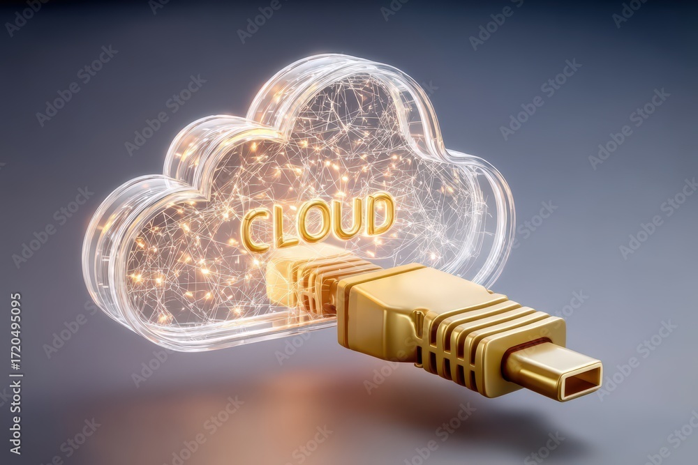 Poster visually captivating golden connector entering a glowing cloud symbol representing data storage and 