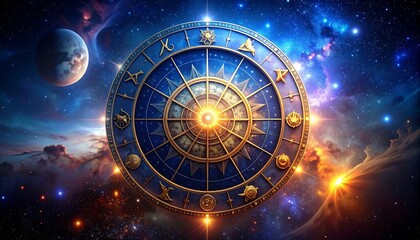 Celestial image depicting a detailed astrological wheel amidst a vibrant galaxy filled with nebulas, planets, and bright stars