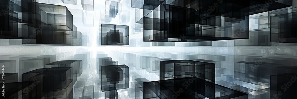 Poster a silhouette of overlapping transparent cubes casting intricate shadows and revealing glimpses of wh