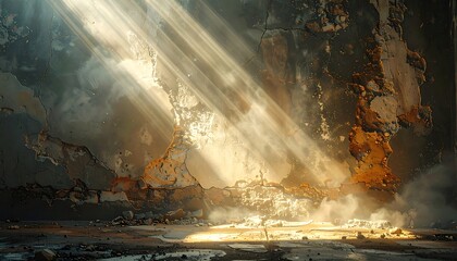 Sunlight streams into a derelict space, illuminating peeling textures and a dusty floor. The light creates ethereal rays highlighting the weathered walls
