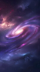 Celestial Symphony: A stunning cosmic spiral galaxy swirls with vibrant colors of purple and pink, representing the vast expanse of the universe, creating an awe-inspiring image