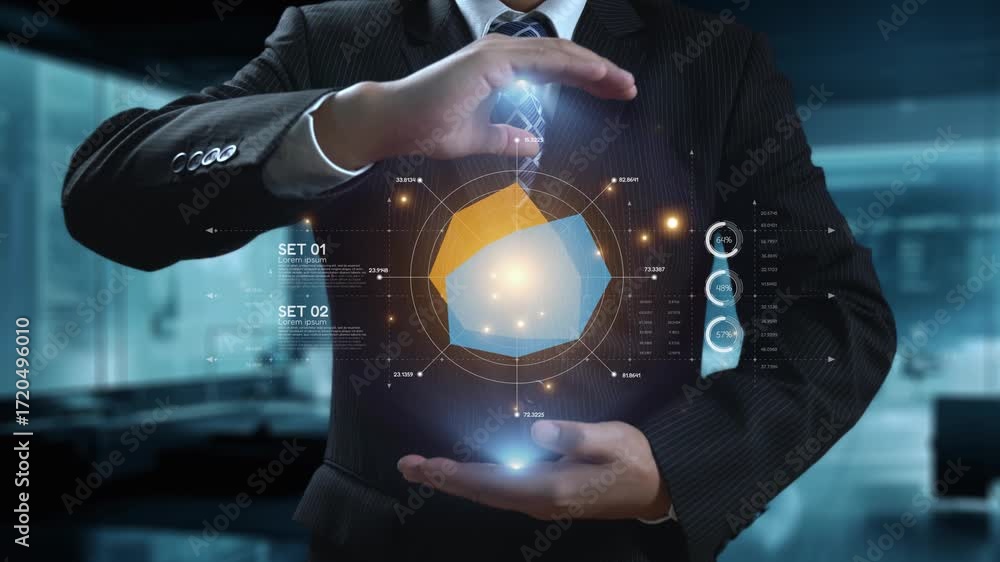 Poster a businessman in a suit interacts with a holographic interface showing data analytics and visualizat