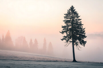 Solitary evergreen tree stands tall in a frosty misty landscape at sunrise
