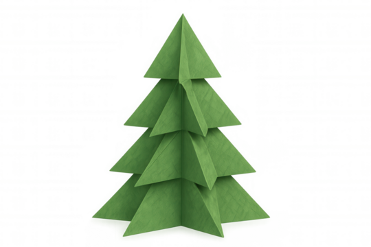 Green paper origami christmas tree design, showcasing holiday craft and festive decoration on a transparent background