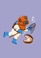 Fototapeta premium Retro Diver Collecting Pearl in Seashell with Net