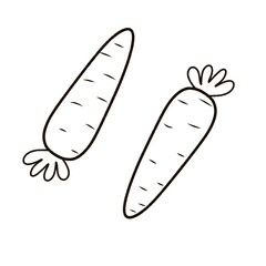 Black and white carrot illustration. Carrot sketch on a white background. Carrot drawing with a simple black border. Hand drawn carrot illustration.