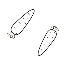 Black and white carrot illustration. Carrot sketch on a white background. Carrot drawing with a simple black border. Hand drawn carrot illustration.