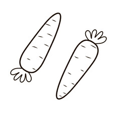 Black and white carrot illustration. Carrot sketch on a white background. Carrot drawing with a simple black border. Hand drawn carrot illustration.