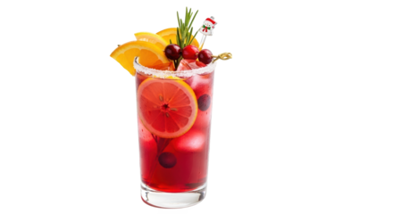 Festive red cocktail with orange slices, cranberries, rosemary, and a candy cane, isolated on transparent background