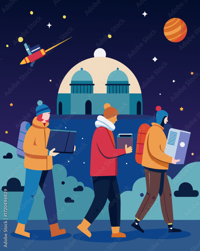 Poster a steady stream of remote workers bundled up in their warmest clothes make their way to the observat