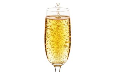 A flute glass filled with sparkling champagne, showing bubbles rising, isolated on transparent background