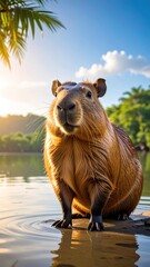 Wet Capybara in Tropical River at Sunset
