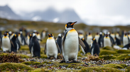 Fototapeta premium A penguin estranged from its natural habitat due to climate change