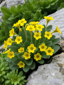 Primula auricula (mountain cowslip, bear's ear) is a species of flowering plant in the family Primulaceae. Blooming flower in the wild, growing on a limestone cliff.