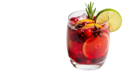 A festive mulled wine with orange slices, cranberries, star anise, and rosemary, isolated on transparent background
