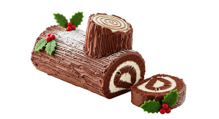 A chocolate yule log cake decorated with holly and a slice cut off, isolated on transparent background