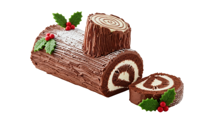 A chocolate yule log cake decorated with holly and a slice cut off, isolated on transparent background