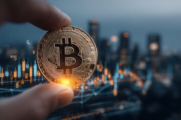 Closeup of a glowing cryptocurrency coin held between fingers, framed by a futuristic city skyline and streaming market charts, wires, and light reflections in the background, creating contrast with