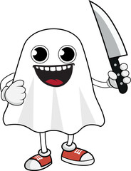 Psychopath ghost, with funny smile, with legs and holding a knife, halloween theme