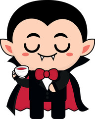 Cute vampire in black and red outfit, having a cup of tea, drinking some beverage, clipart