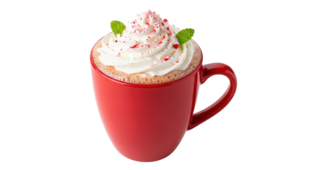 Festive red mug filled with hot chocolate, topped with whipped cream, crushed candy cane, and mint leaves, isolated on transparent background