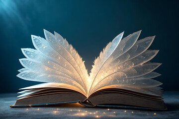 Magical open book emitting glowing light with ethereal pages fluttering in dark atmosphere