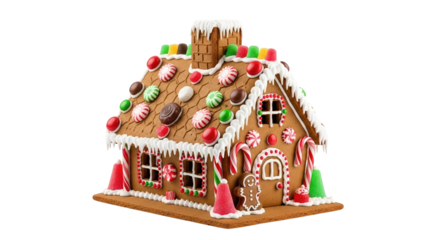 Decorated gingerbread house with icing, candy, and cookies, a festive christmas decoration, isolated on transparent background