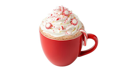 A festive red mug filled with a delicious hot chocolate topped with whipped cream, crushed candy canes, and sprinkles, isolated on transparent background