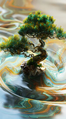 Eternal Harmony: Witness the tranquil bonsai tree thriving atop a stone, enveloped by mesmerizing, abstract fluid art, an embodiment of life's enduring essence.