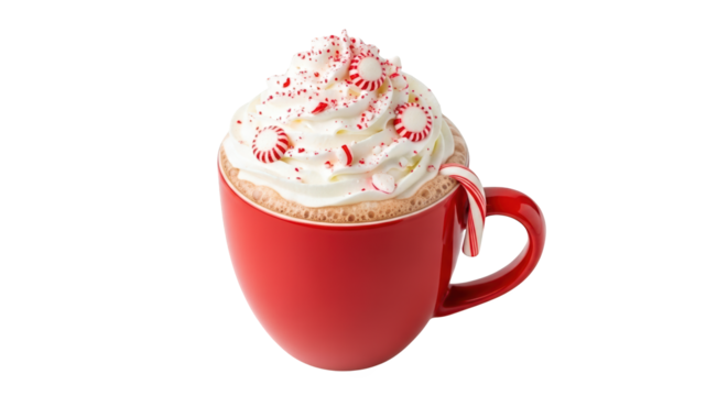 A festive red mug filled with a delicious hot chocolate topped with whipped cream, crushed candy canes, and sprinkles, isolated on transparent background